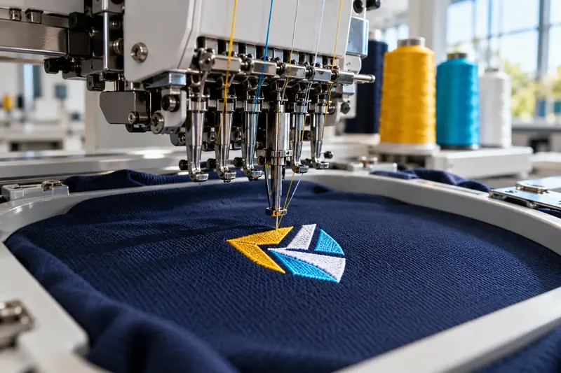 Colourful embroidery threads detailing a navy jersey
