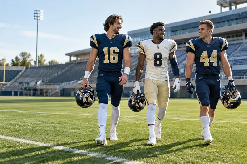 American football players in navy and ivory kit on a sunny field